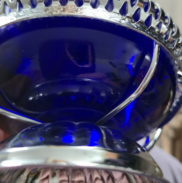 Moyell Classic Cobalt Blue Glass Chrome Creamer Sugar Bowl Filigree England NOS - Picture 8 of 11